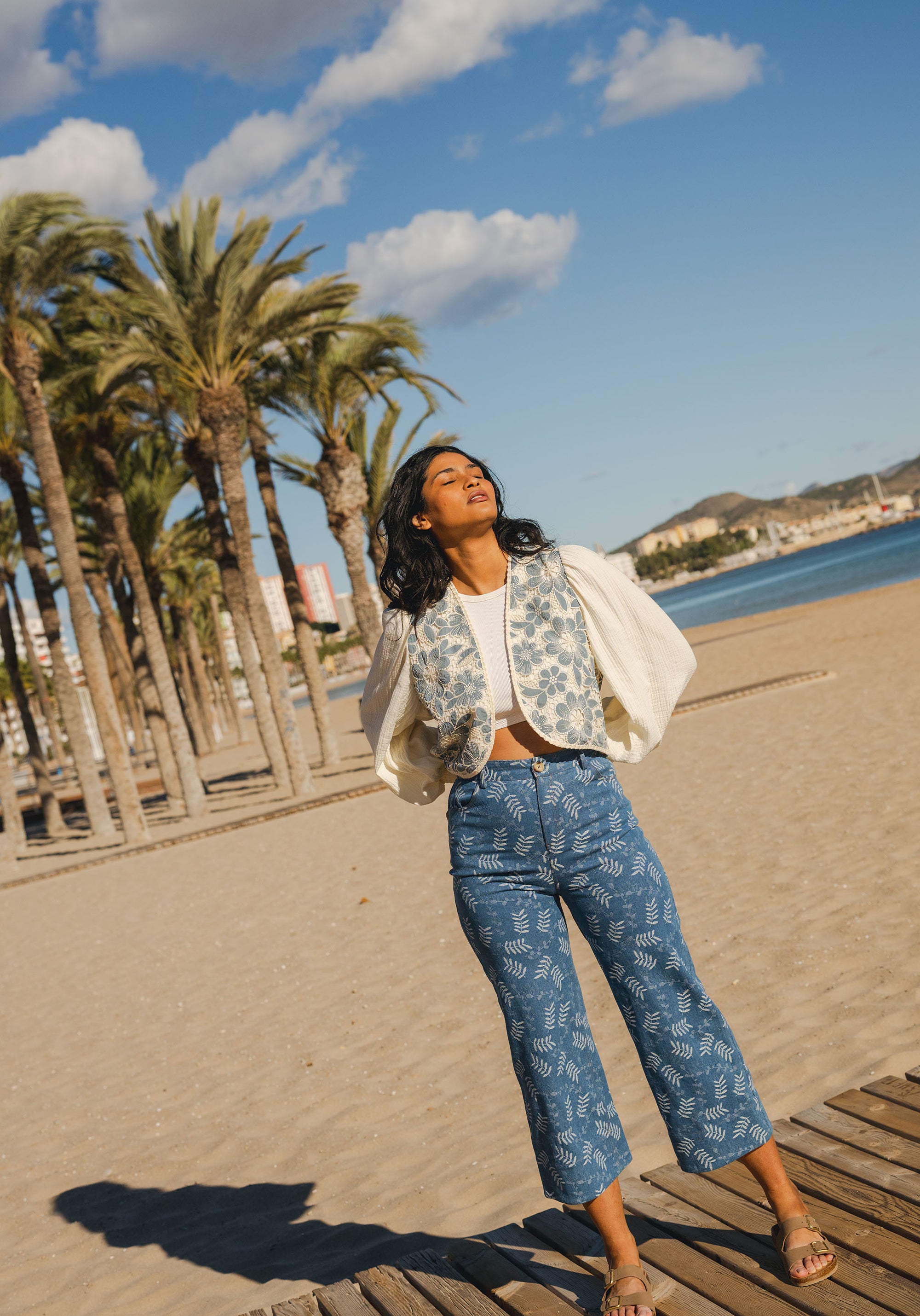 Cutwork Embroidery Cheesecloth Jacket in Light Blue Location Shoot