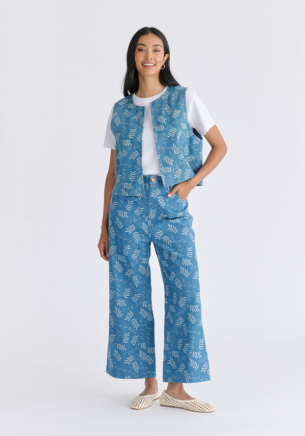 Denim Gilet in Leaf Pattern in Light Blue Denim Front