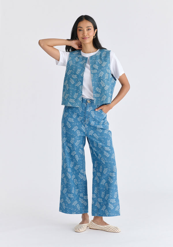 Denim Gilet in Leaf Pattern in Light Blue Denim Front