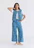 Denim Gilet in Leaf Pattern in Light Blue Denim Front