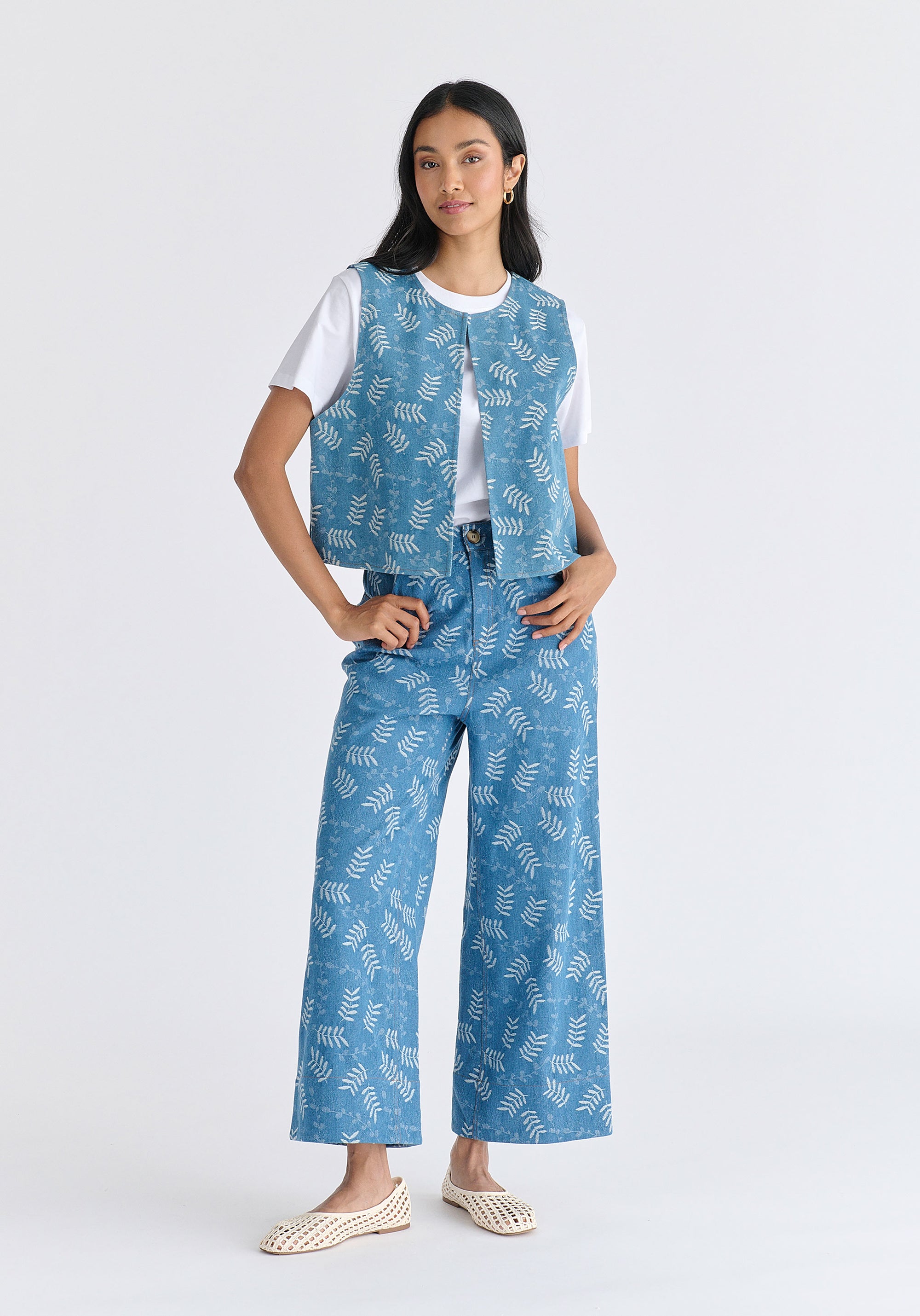 Denim Gilet in Leaf Pattern in Light Blue Denim Front