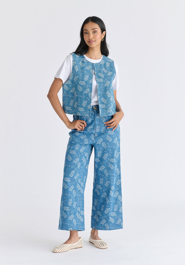 Denim Gilet in Leaf Pattern in Light Blue Denim Front