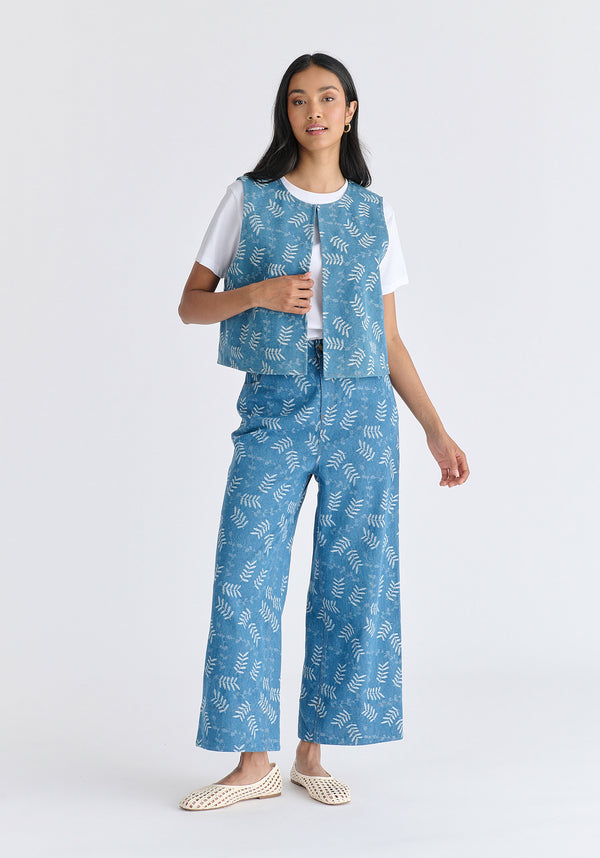 Denim Gilet in Leaf Pattern in Light Blue Denim Front