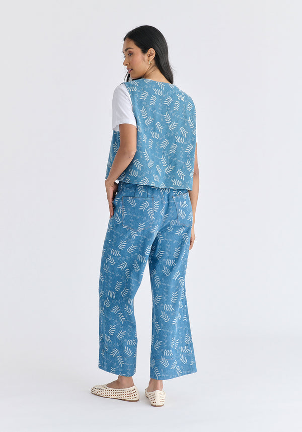 Denim Gilet in Leaf Pattern in Light Blue Denim Back