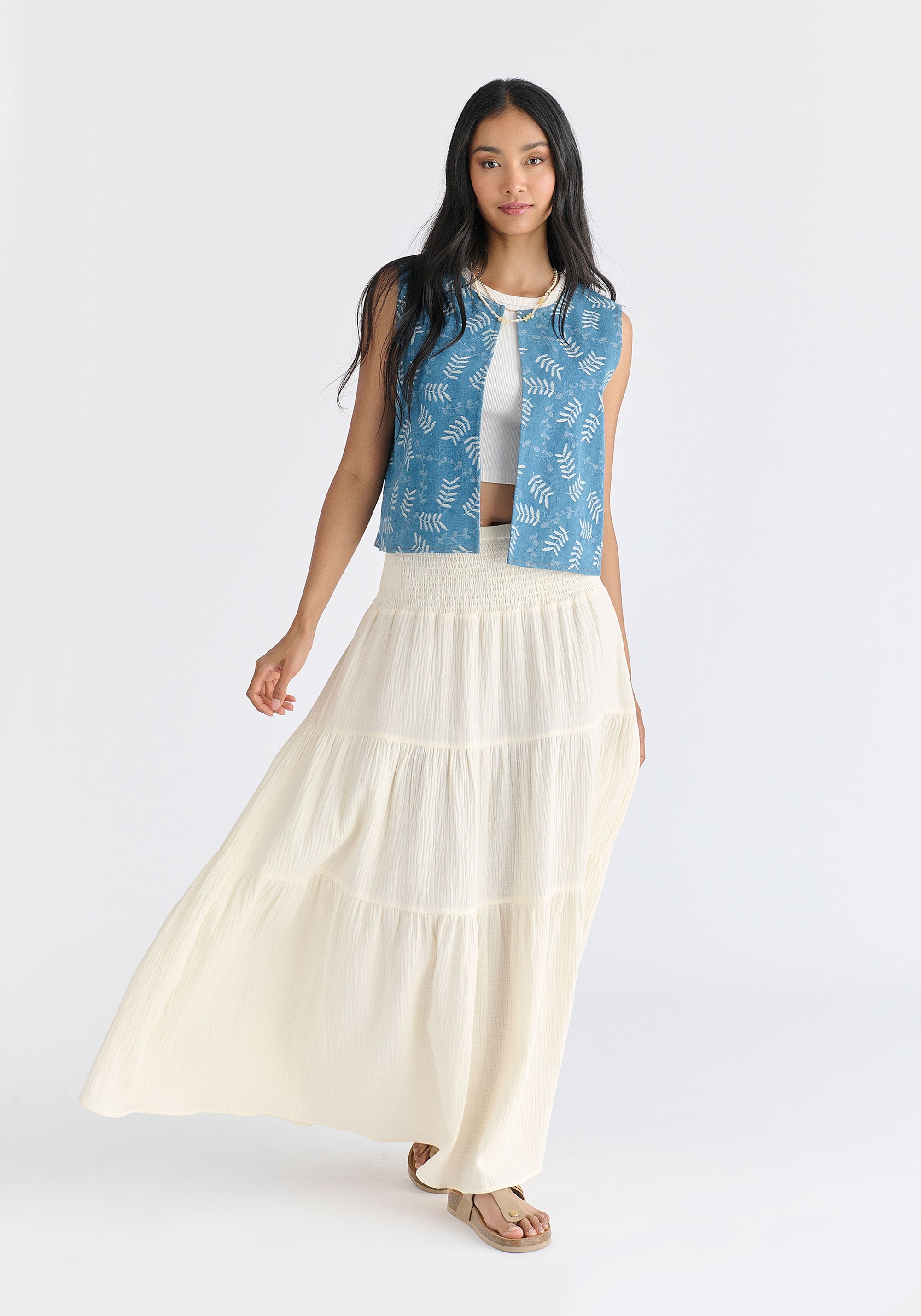 Denim Gilet in Leaf Pattern in Light Blue Denim Front