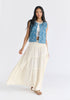 Denim Gilet in Leaf Pattern in Light Blue Denim Front