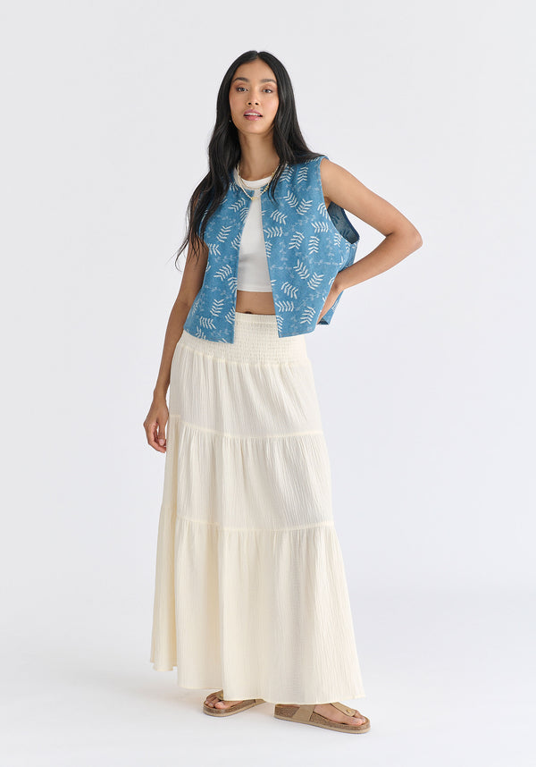 Denim Gilet in Leaf Pattern in Light Blue Denim Front