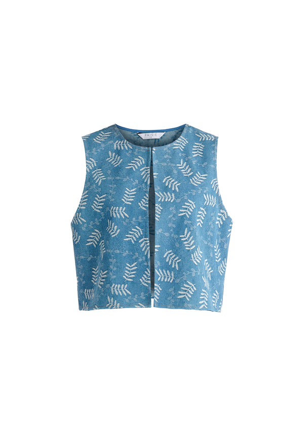 Denim Gilet in Leaf Pattern in Light Blue Denim Cutout