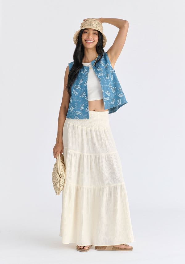 Denim Gilet in Leaf Pattern in Light Blue Denim Front