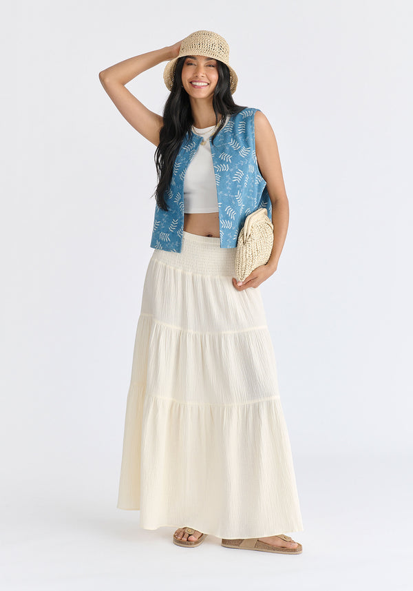 Denim Gilet in Leaf Pattern in Light Blue Denim Front