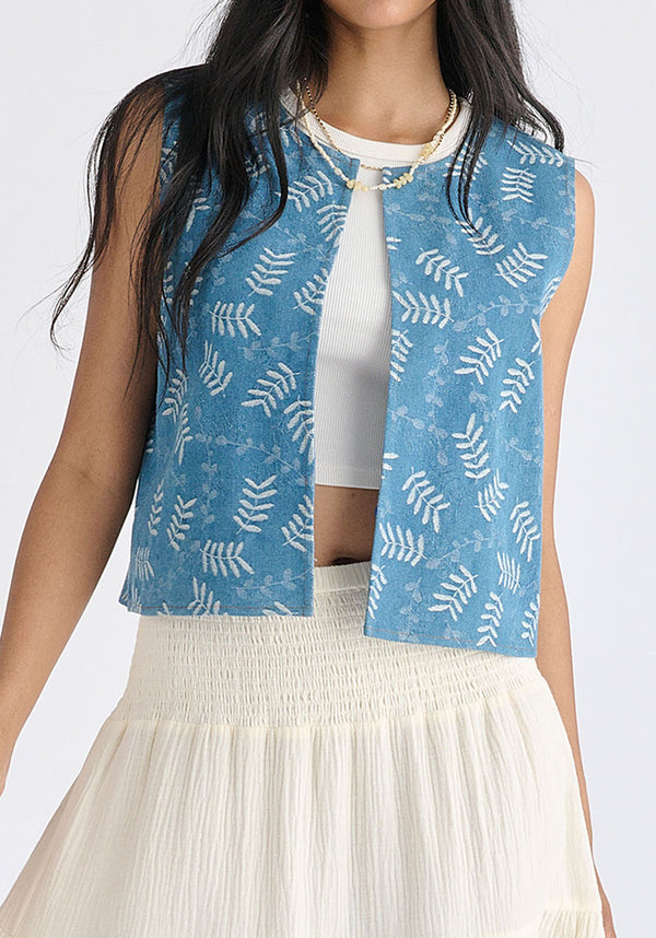 Denim Gilet in Leaf Pattern in Light Blue Denim Closeup