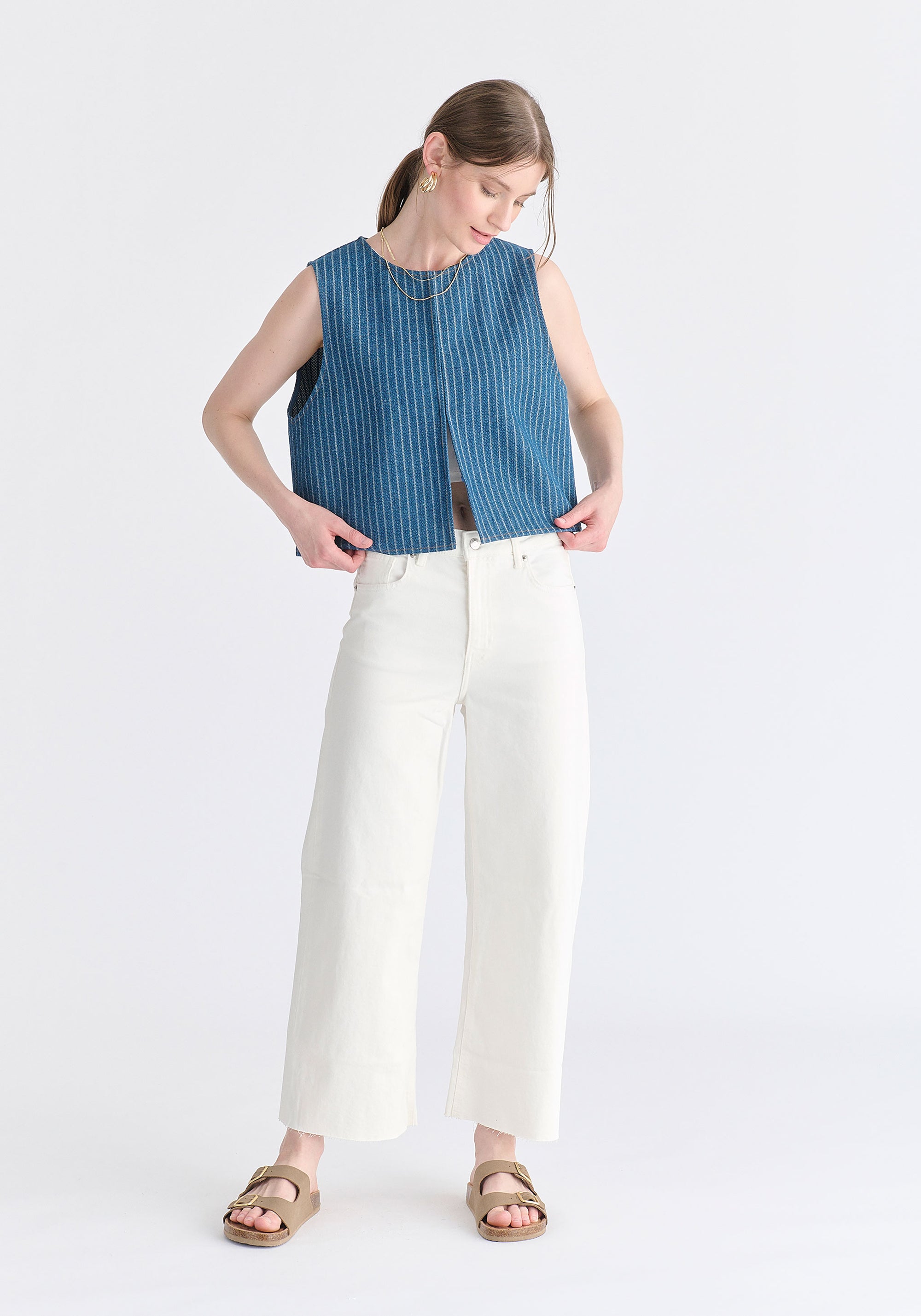 Denim Gilet in Stripes in Denim Blue Front