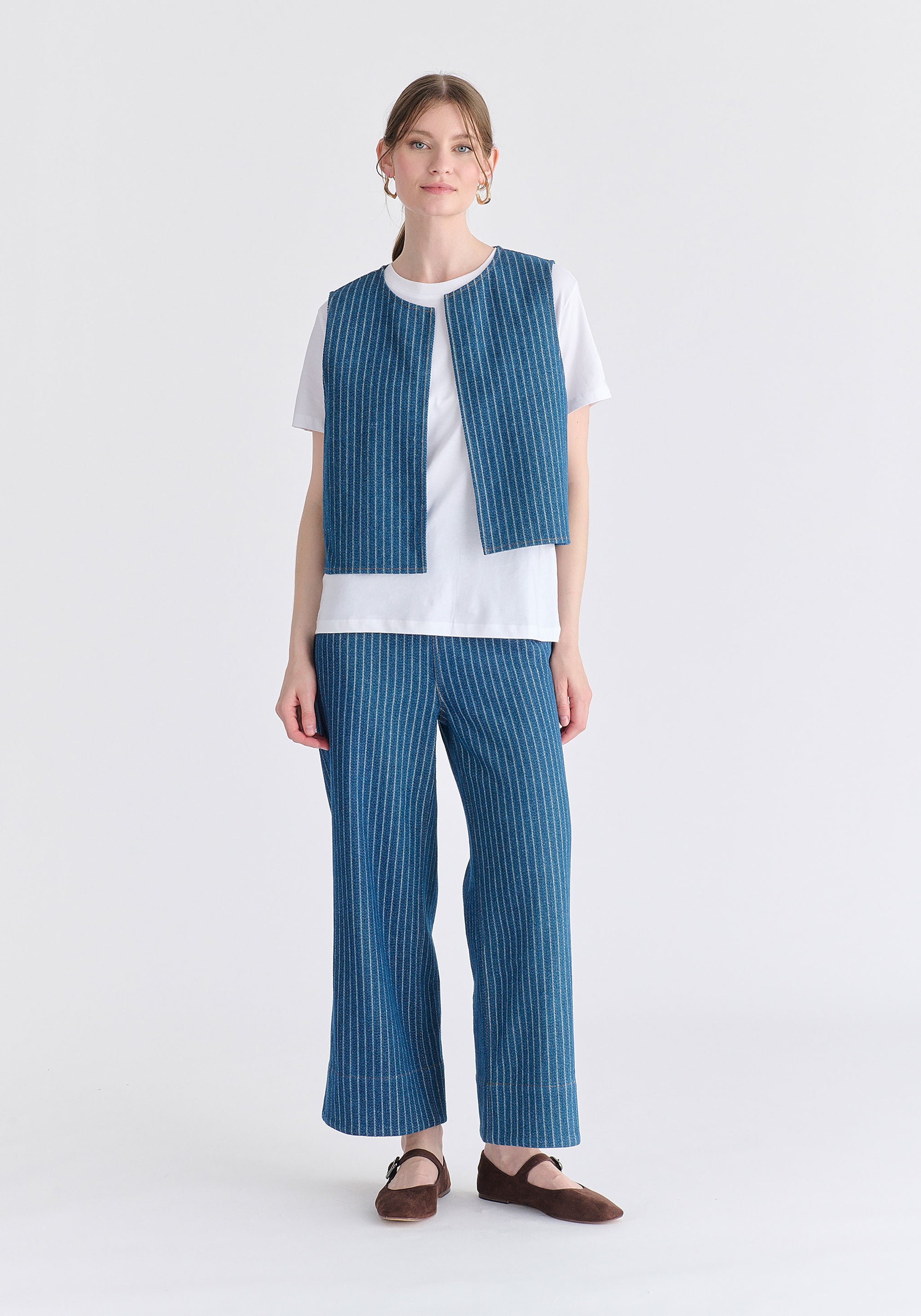 Denim Gilet in Stripes in Denim Blue Front