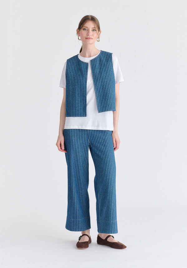 Denim Gilet in Stripes in Denim Blue Front