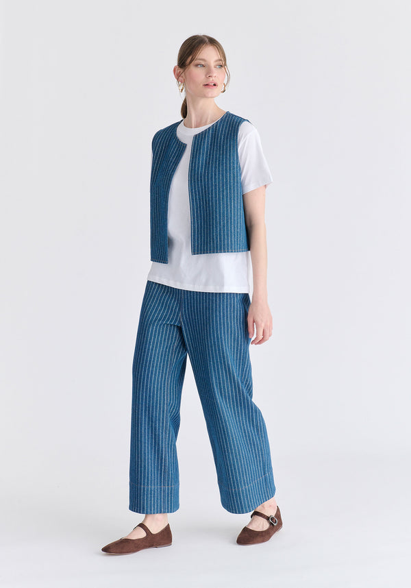 Denim Gilet in Stripes in Denim Blue Side