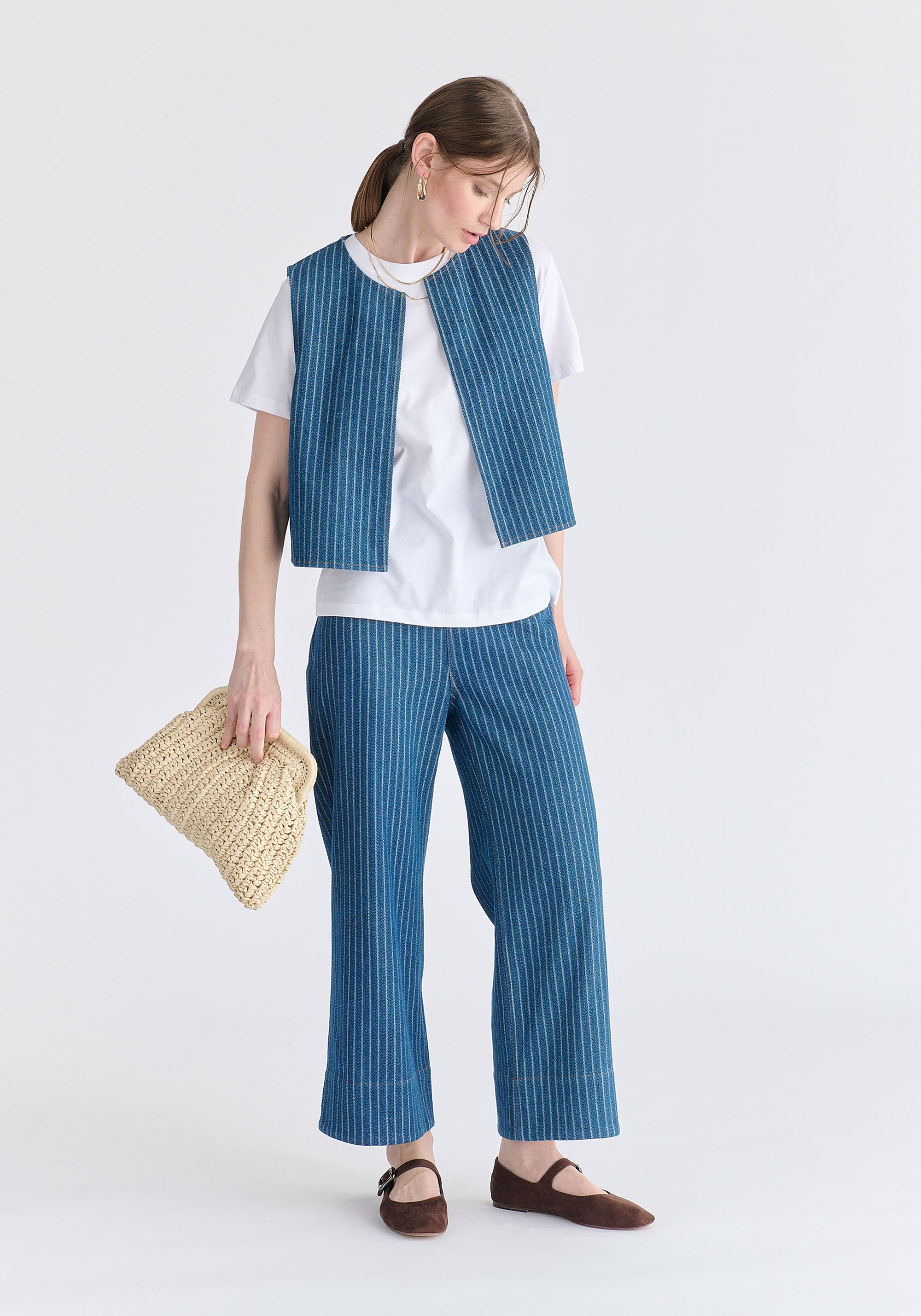 Denim Gilet in Stripes in Denim Blue Side