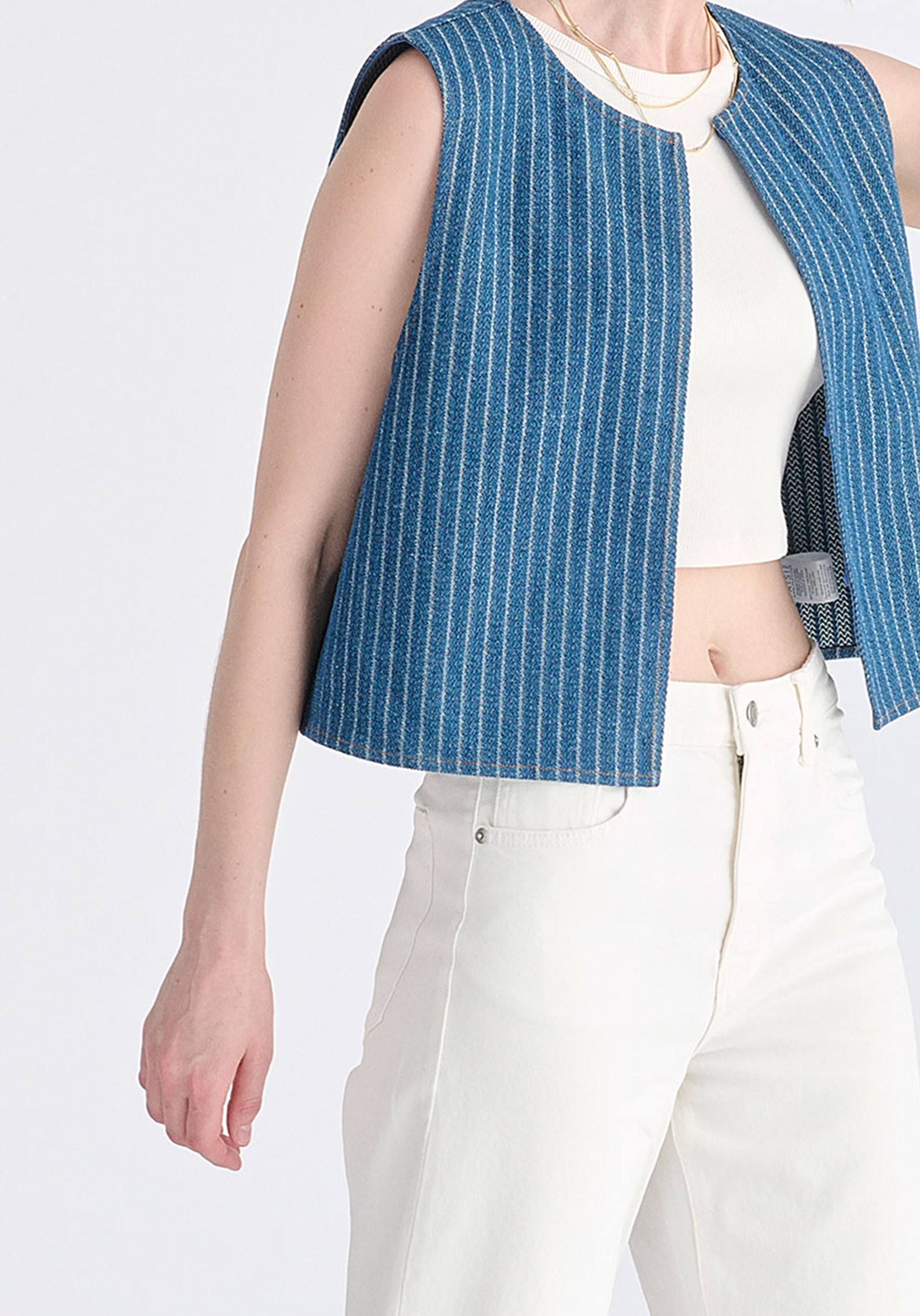 Denim Gilet in Stripes in Denim Blue Closeup