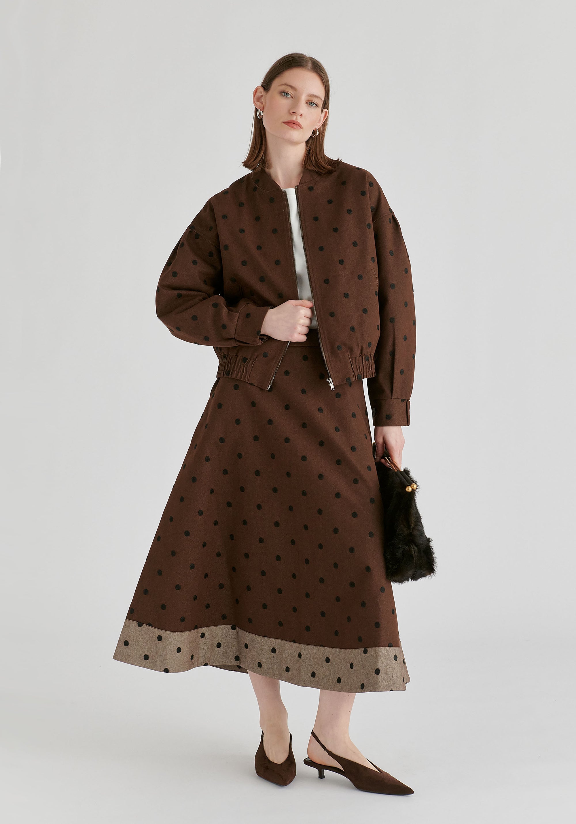 Embroidered Polka Dots Denim Bomber Jacket with Zip Front