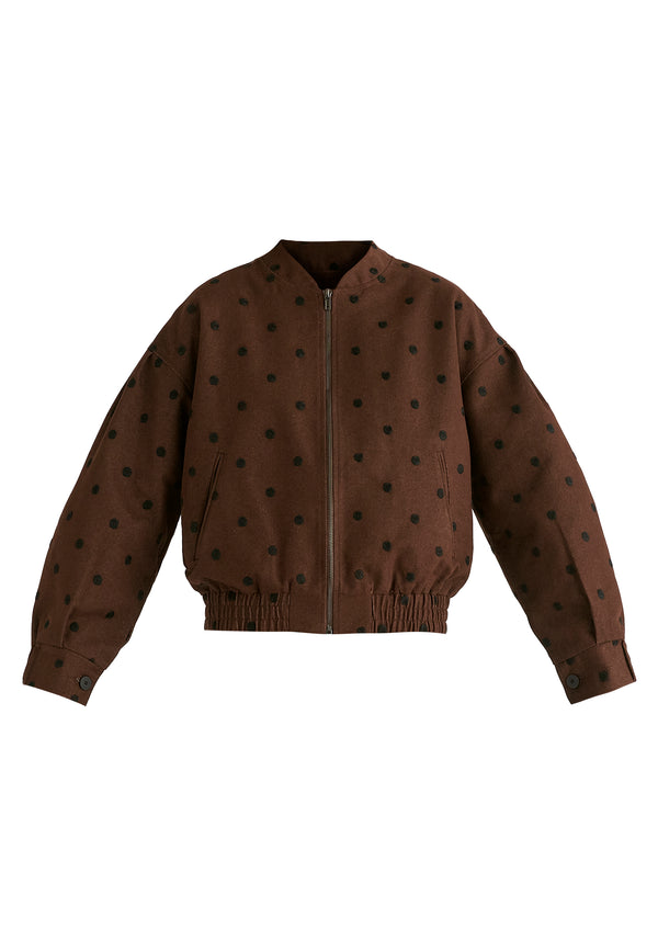 Embroidered Polka Dots Denim Bomber Jacket with Zip Front