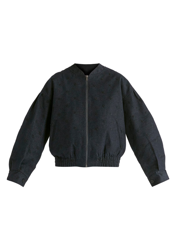 Embroidered Polka Dots Denim Bomber Jacket with Zip Front in Denim Blue Cutout