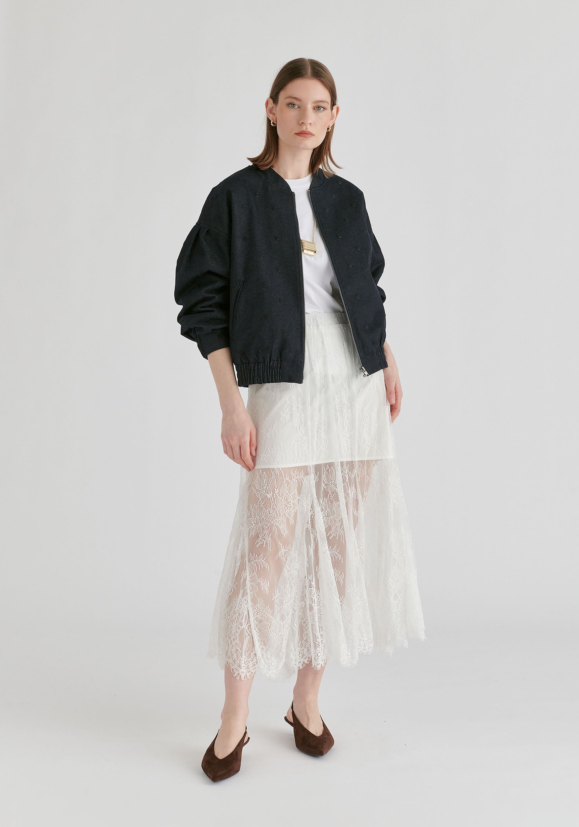 Embroidered Polka Dots Denim Bomber Jacket with Zip Front