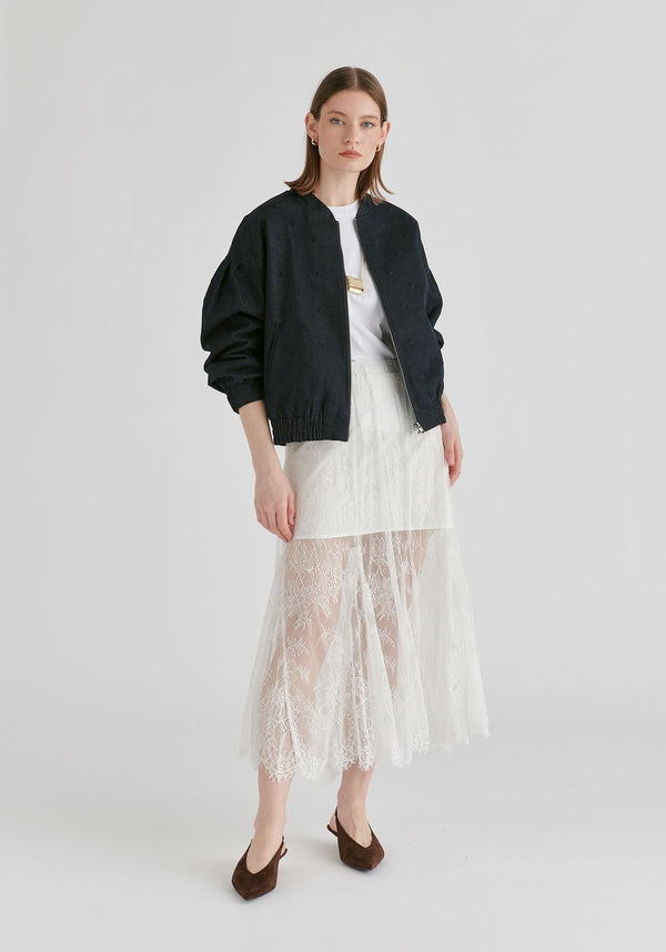 Embroidered Polka Dots Denim Bomber Jacket with Zip Front in Denim Blue Front