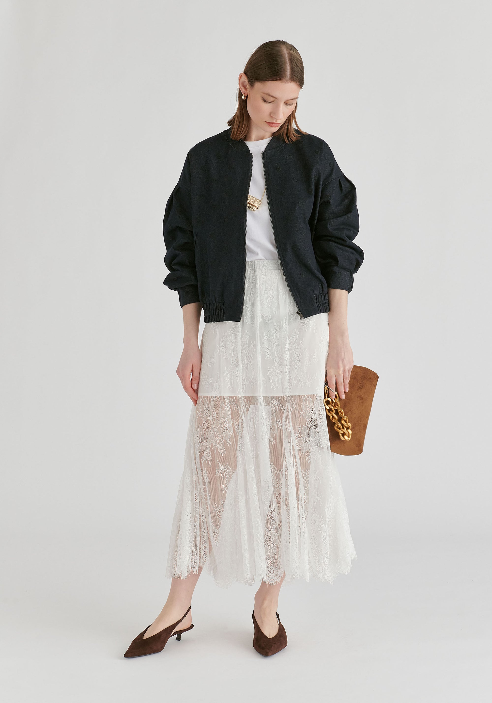 Embroidered Polka Dots Denim Bomber Jacket with Zip Front