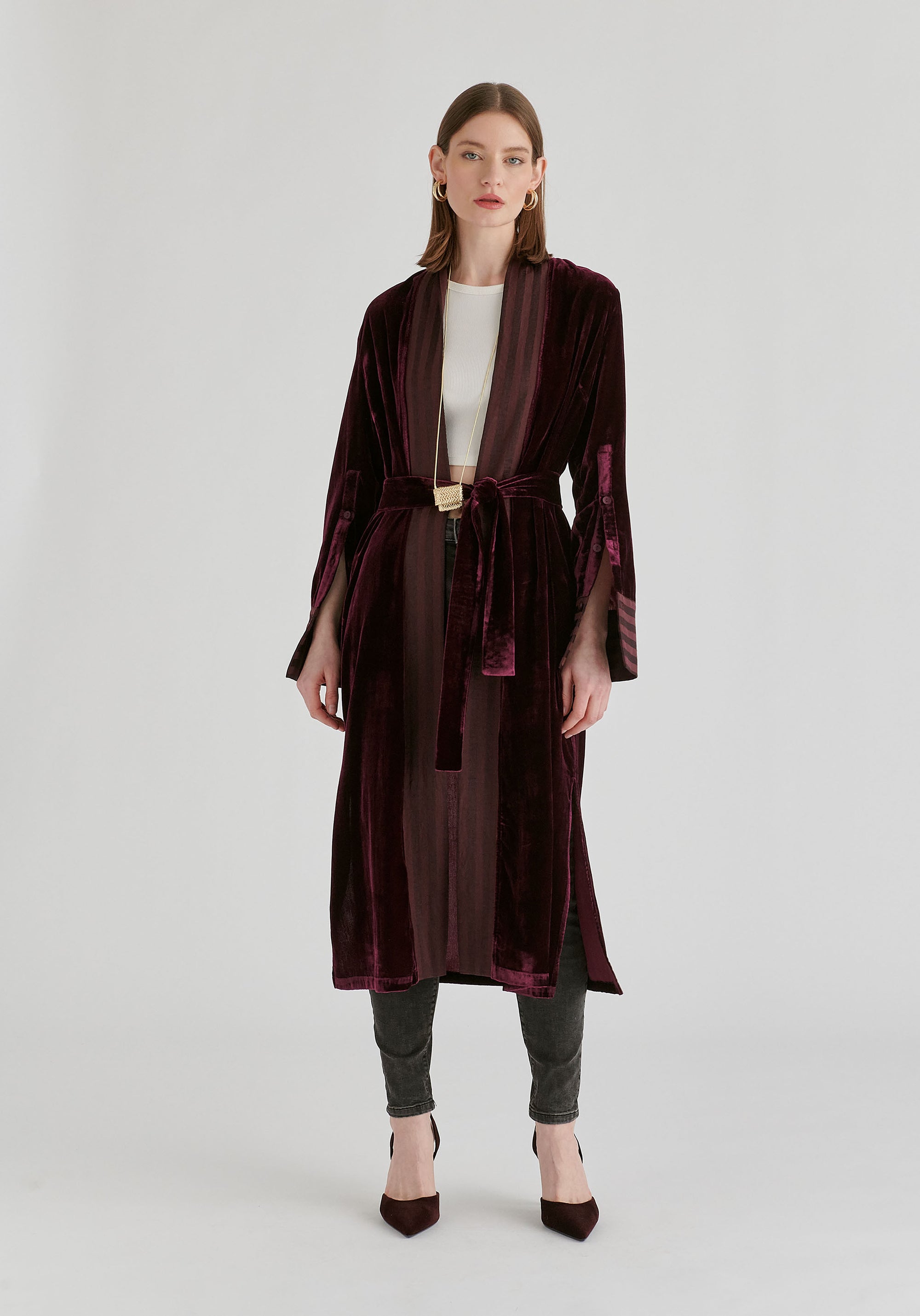 Velvet Open-Front Duster Coat with Striped Contrast Panels
