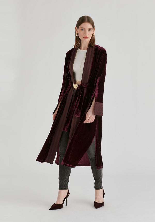 Velvet Open-Front Duster Coat with Striped Contrast Panels in Wine Front