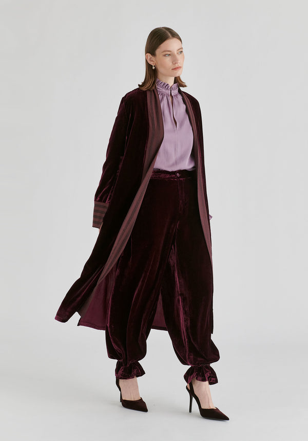 Velvet Open-Front Duster Coat with Striped Contrast Panels in Wine Side