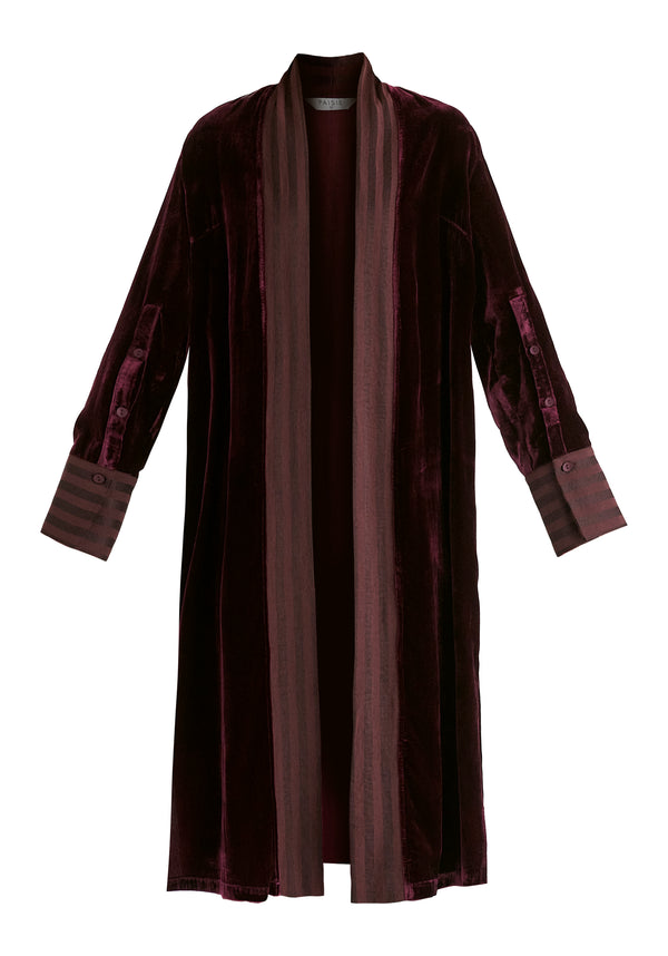 Velvet Open-Front Duster Coat with Striped Contrast Panels in Wine Cutout