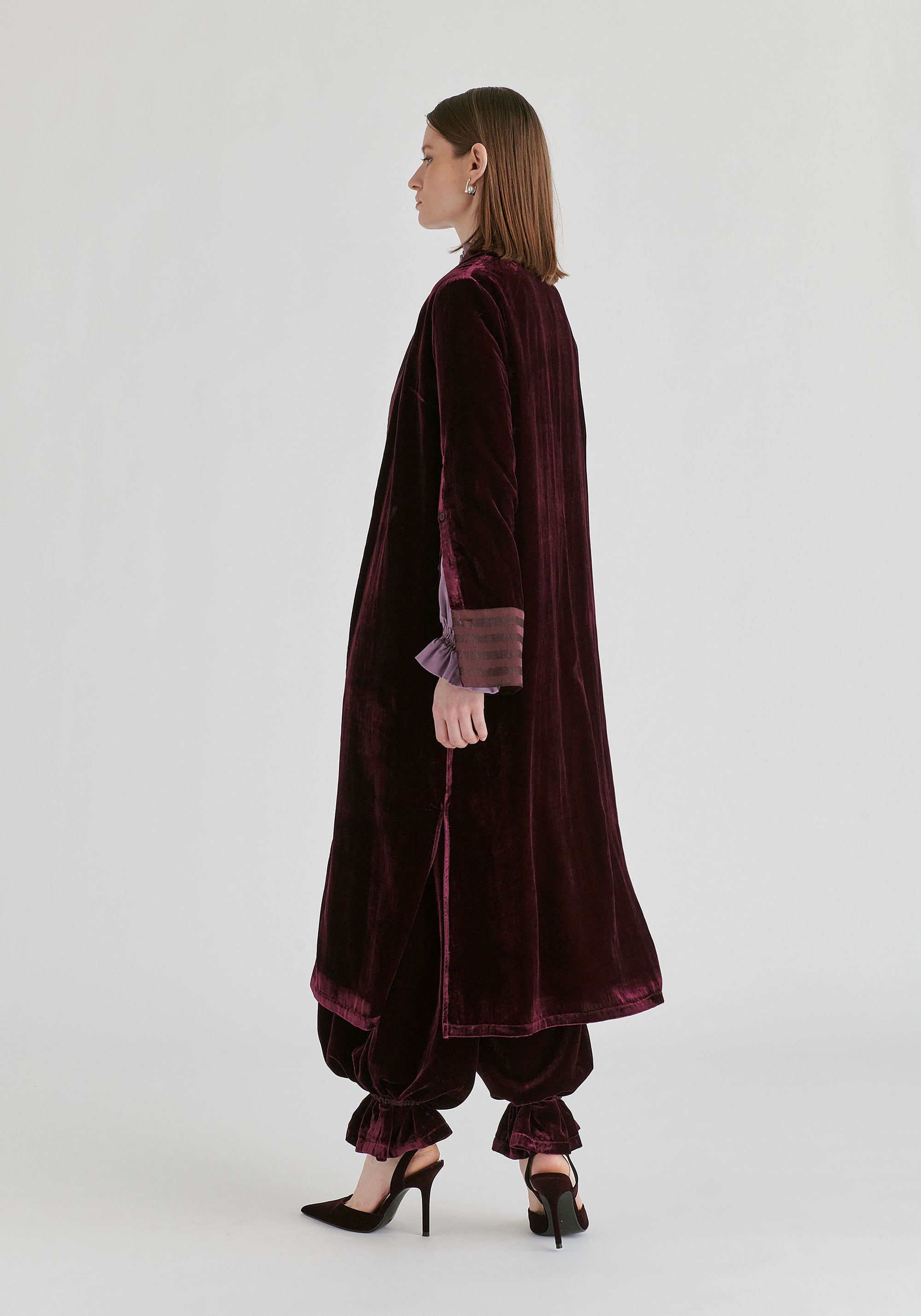 Velvet Open-Front Duster Coat with Striped Contrast Panels