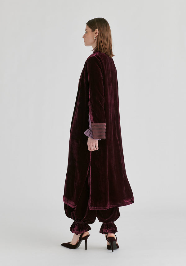 Velvet Open-Front Duster Coat with Striped Contrast Panels in Wine Side