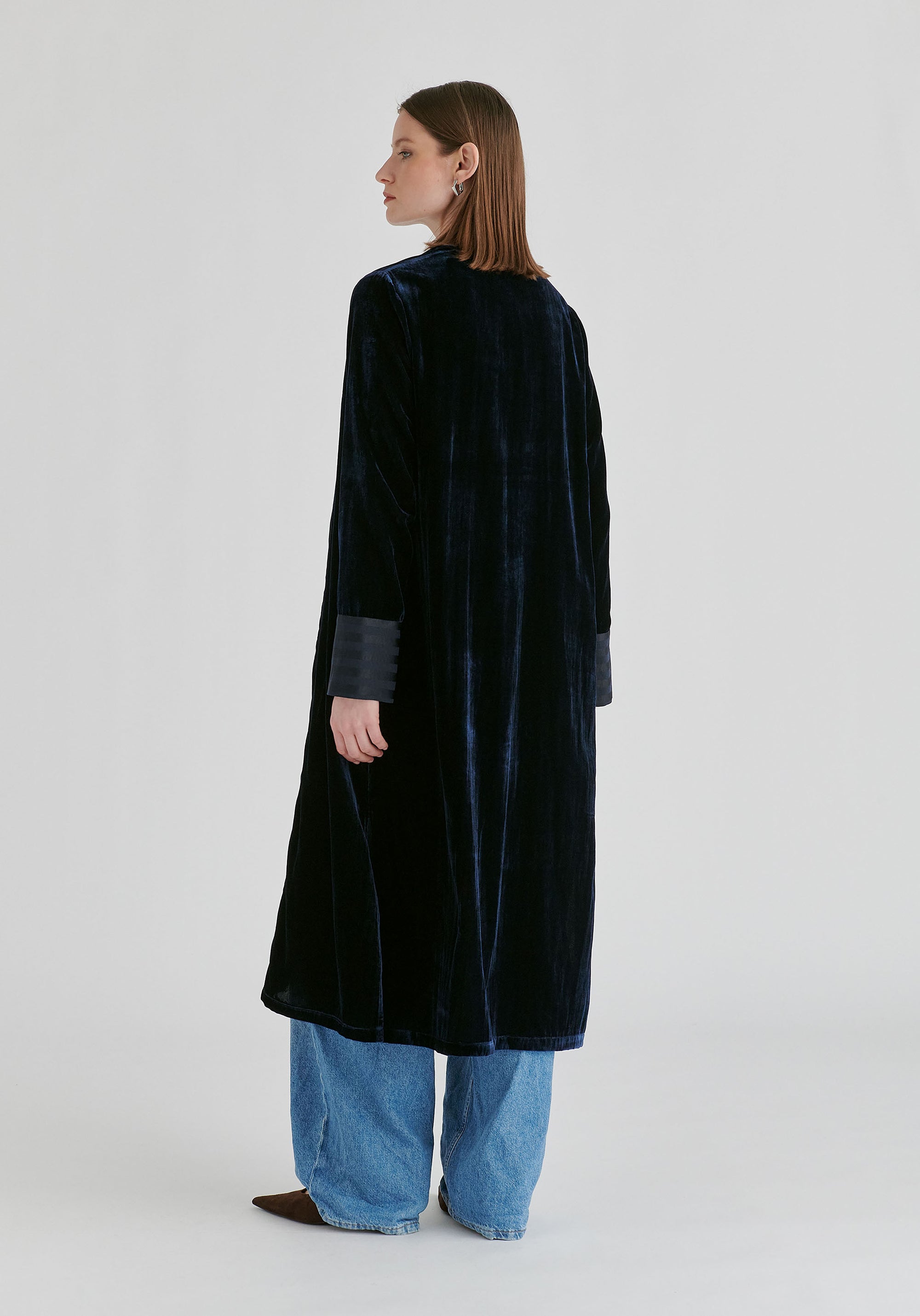 Velvet Open-Front Duster Coat with Striped Contrast Panels in Navy Back