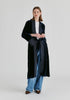 Velvet Open-Front Duster Coat with Striped Contrast Panels in Navy Front