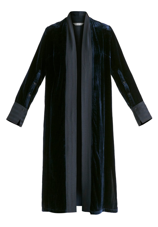 Velvet Open-Front Duster Coat with Striped Contrast Panels in Navy Cutout
