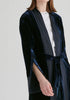 Velvet Open-Front Duster Coat with Striped Contrast Panels in Navy Closeup