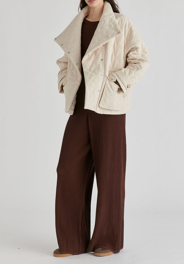 Double Breasted Diamond Quilted Utility Jacket Drawstring Waist