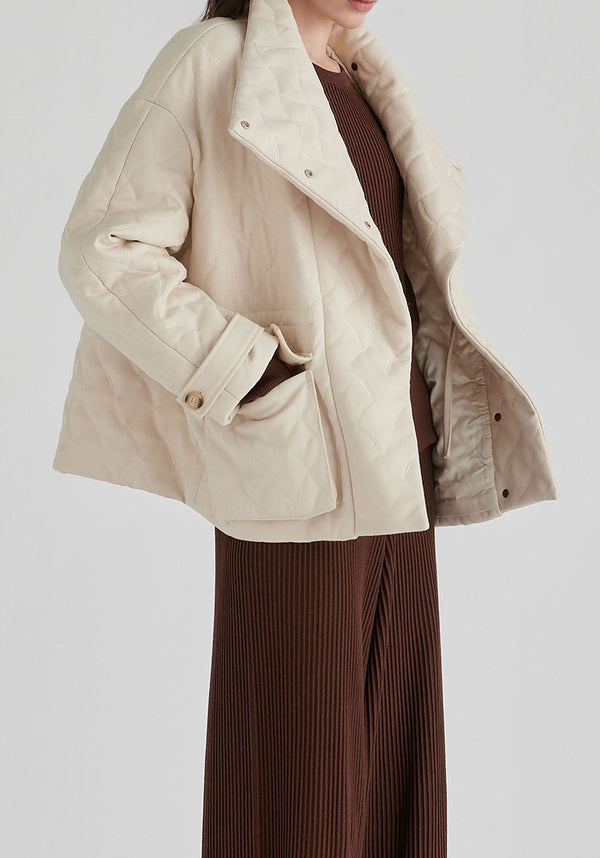 Double Breasted Diamond Quilted Utility Jacket Drawstring Waist