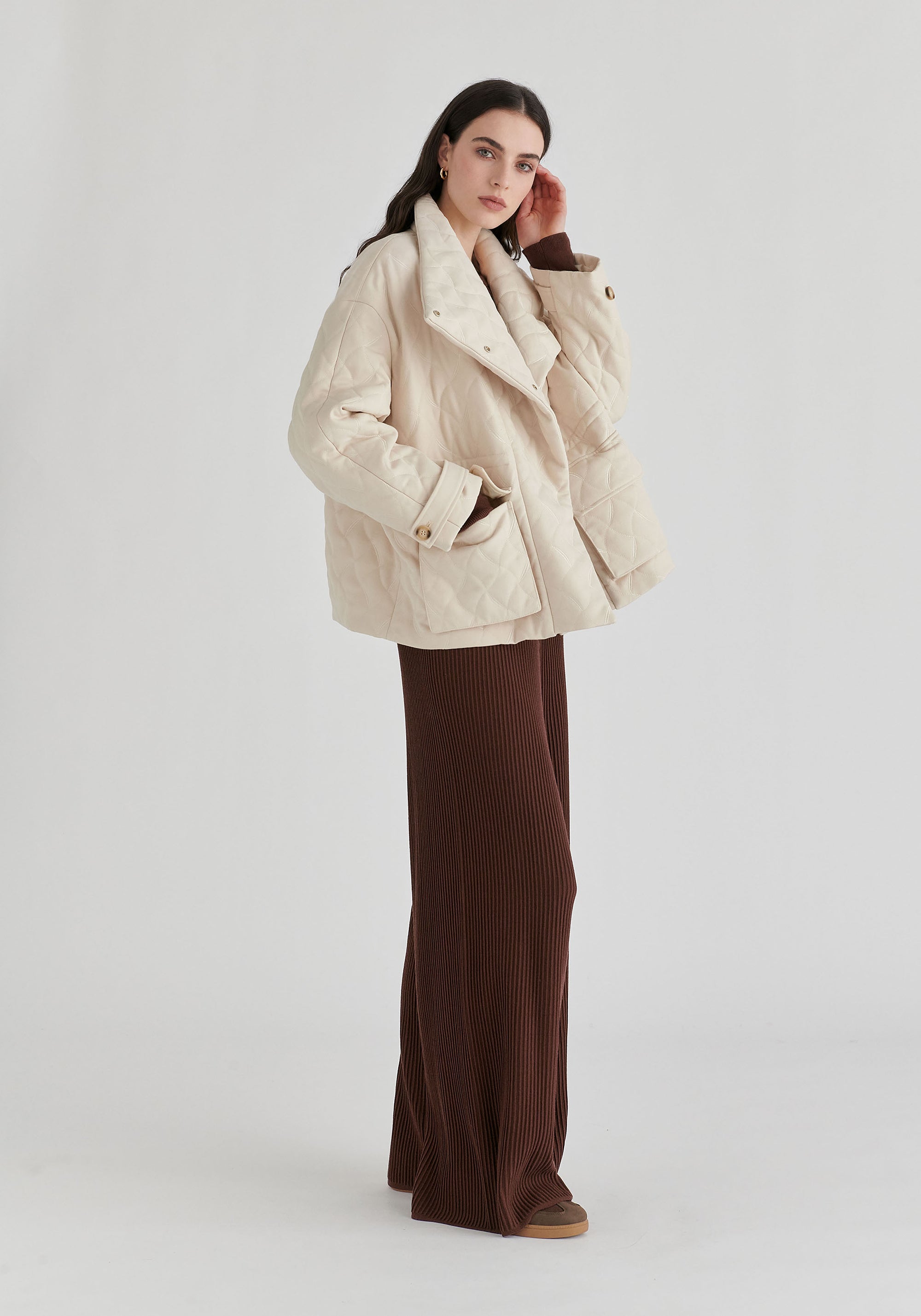Double Breasted Diamond Quilted Utility Jacket Drawstring Waist in Cream Side
