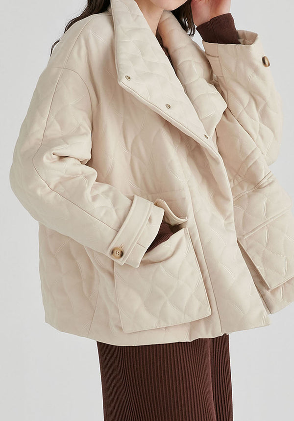 Double Breasted Diamond Quilted Utility Jacket Drawstring Waist