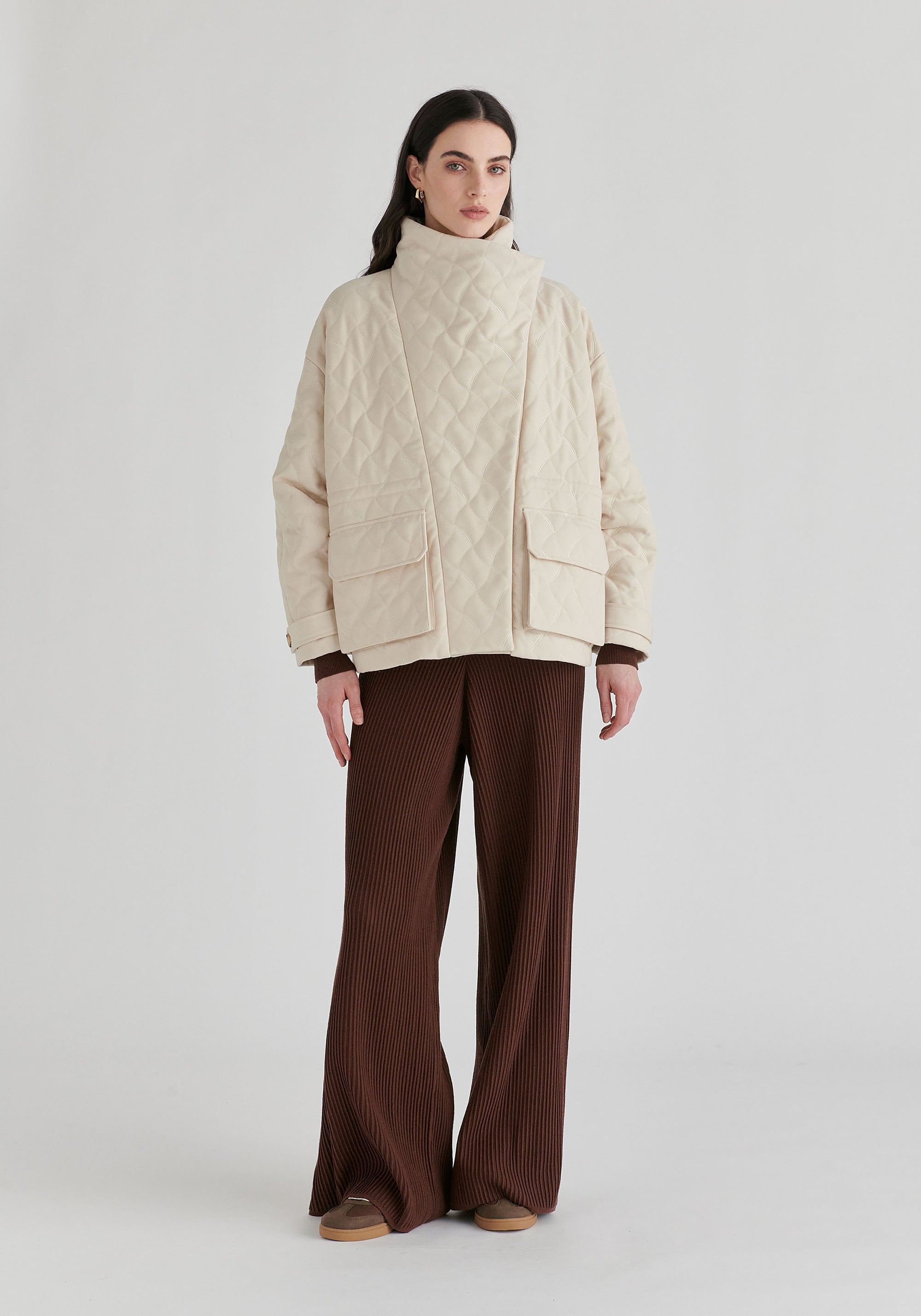 Double Breasted Diamond Quilted Utility Jacket Drawstring Waist in Cream Front