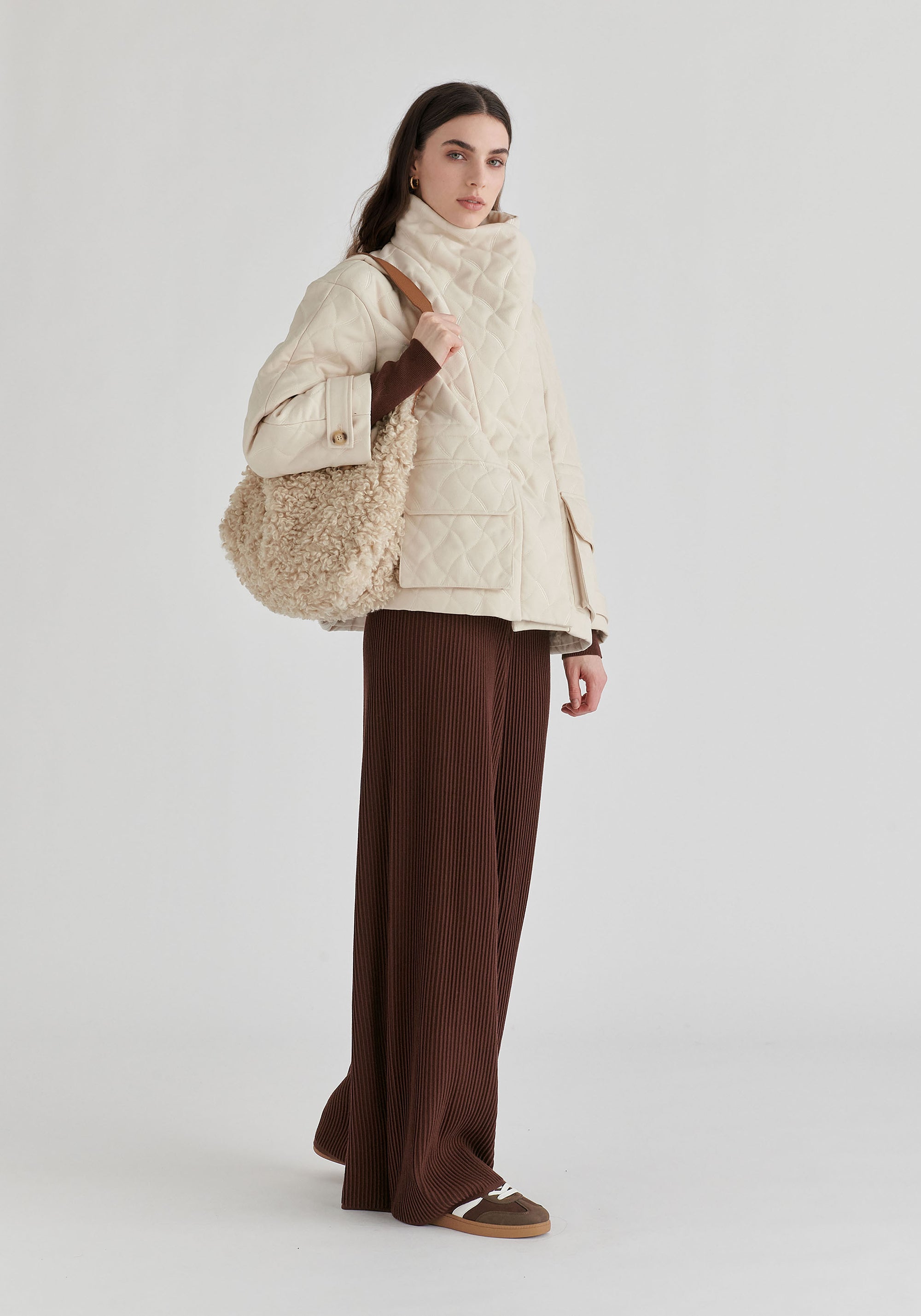 Double Breasted Diamond Quilted Utility Jacket Drawstring Waist in Cream Side