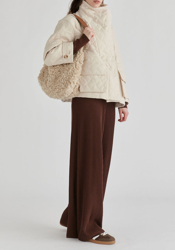 Double Breasted Diamond Quilted Utility Jacket Drawstring Waist