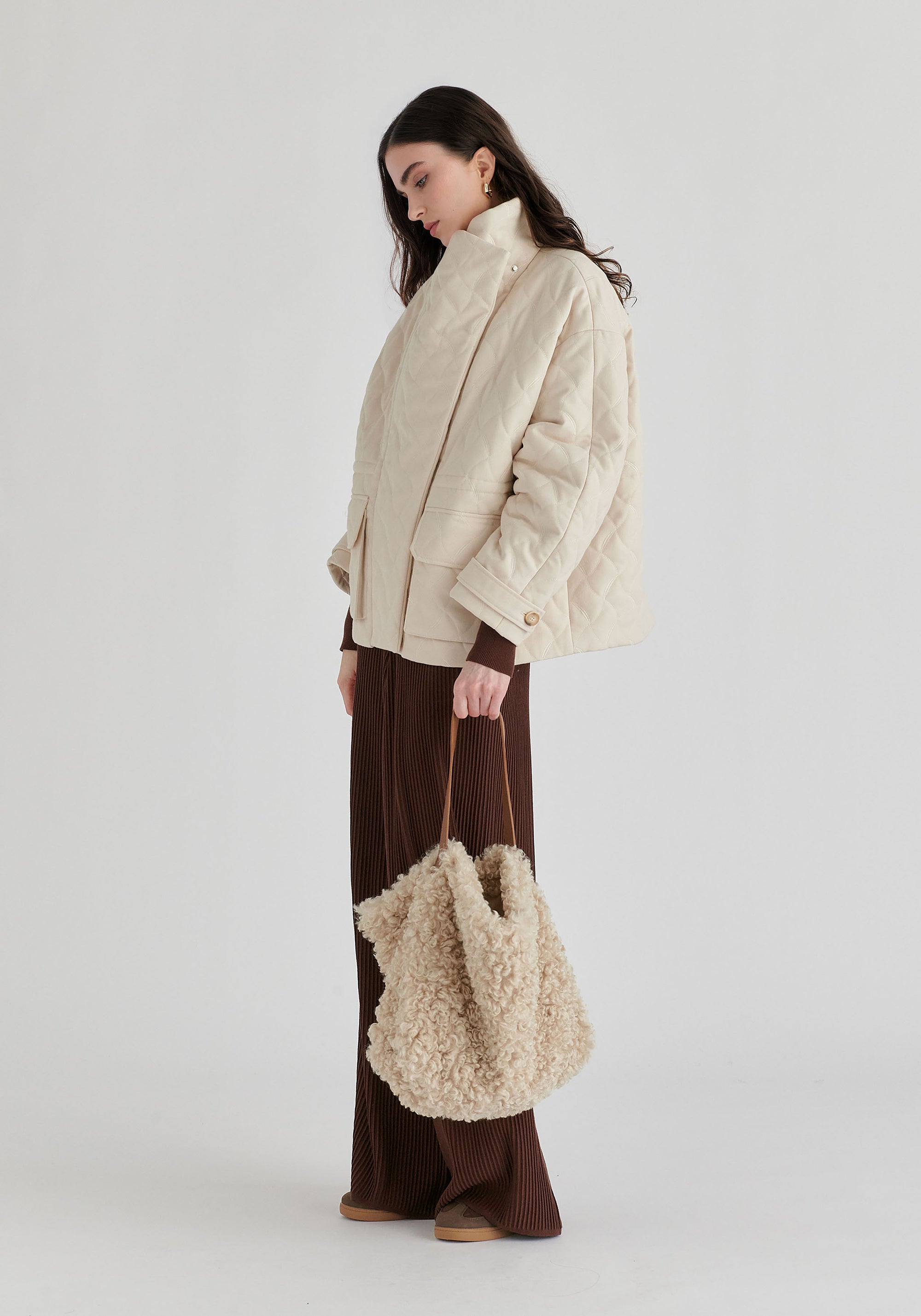 Double Breasted Diamond Quilted Utility Jacket Drawstring Waist in Cream Side