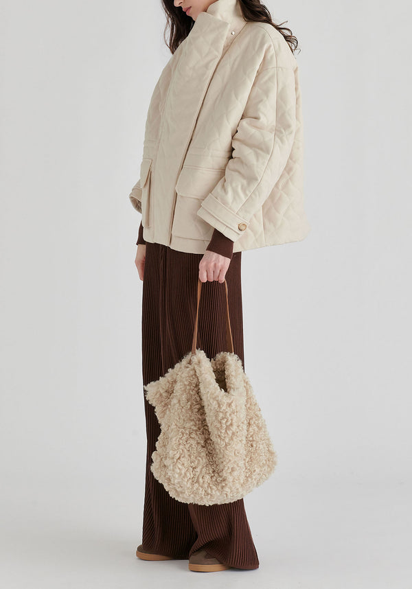 Double Breasted Diamond Quilted Utility Jacket Drawstring Waist