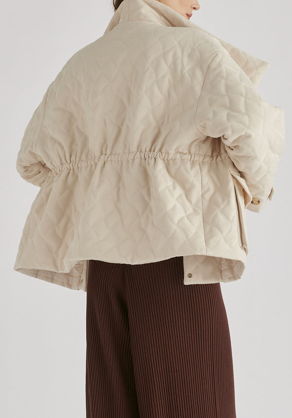 Double Breasted Diamond Quilted Utility Jacket Drawstring Waist