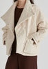 Double Breasted Diamond Quilted Utility Jacket Drawstring Waist in Cream Front