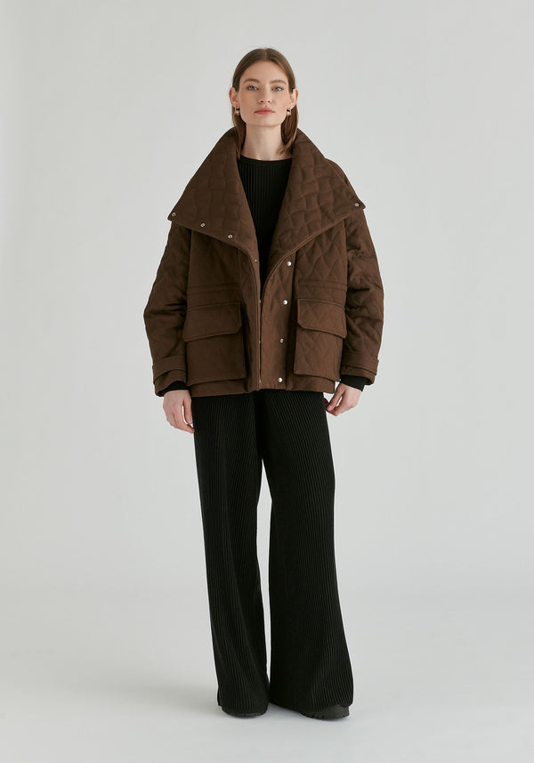 Double Breasted Diamond Quilted Utility Jacket Drawstring Waist in Brown Front