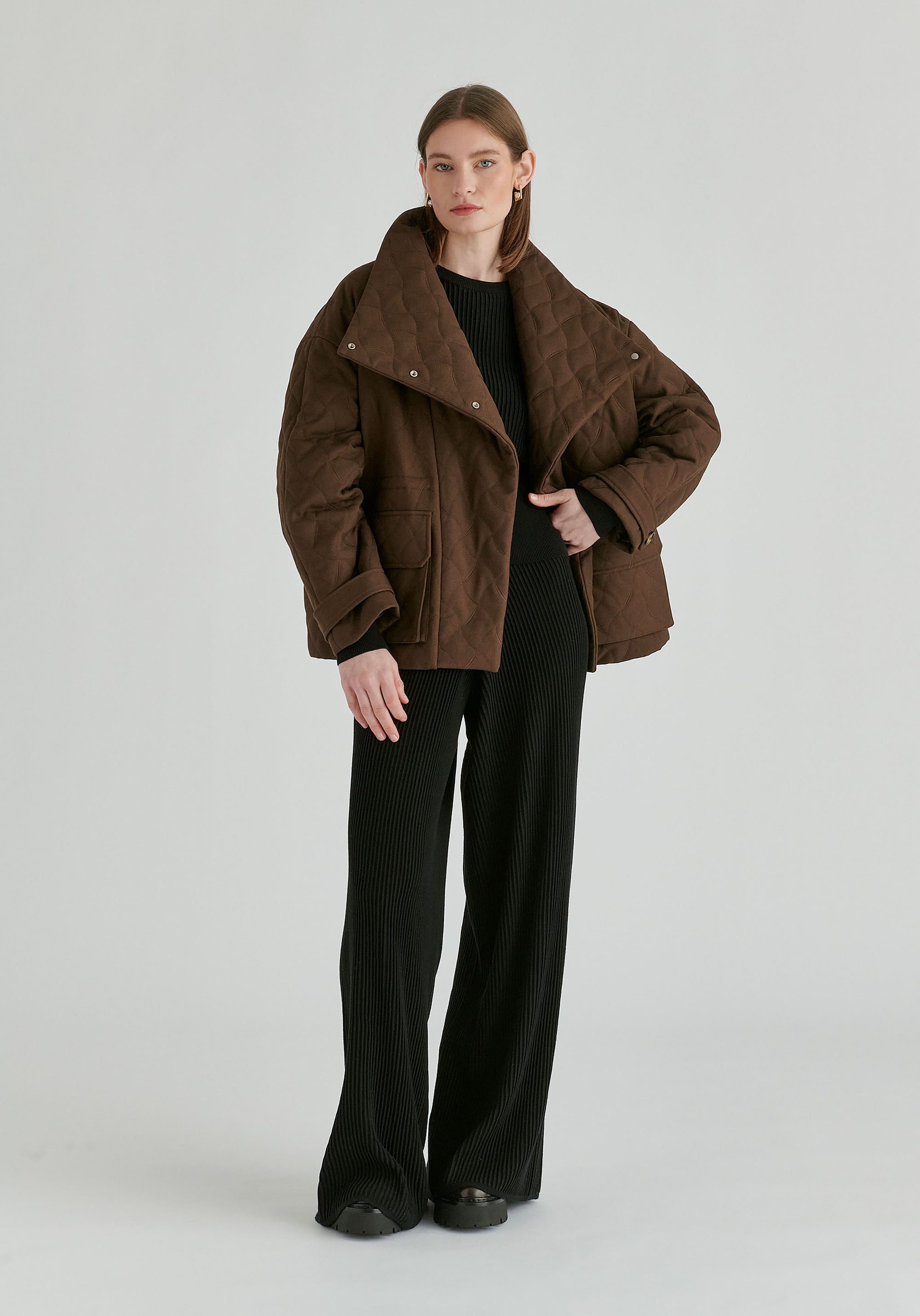 Double Breasted Diamond Quilted Utility Jacket Drawstring Waist in Brown Front